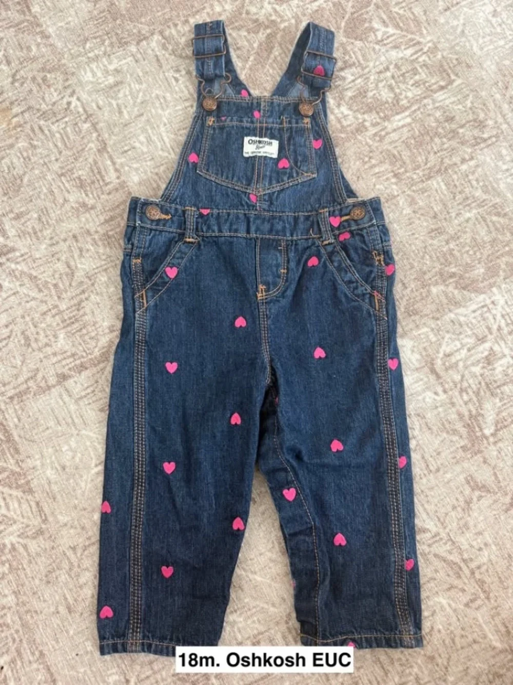 18m. Oshkosh B'gosh Baby Girl Heart Embroidered Denim Overalls